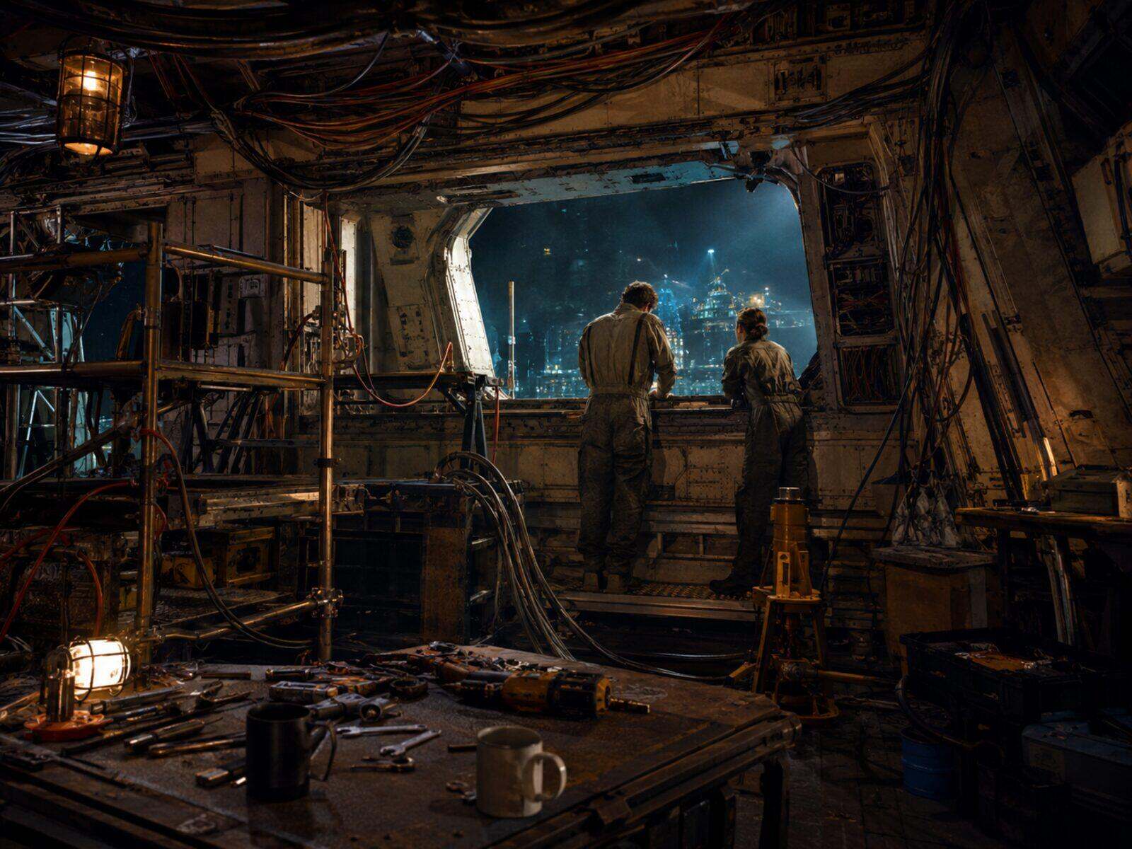An old survey cutter mid-refit in a cluttered hangar bay, tools and cabling everywhere