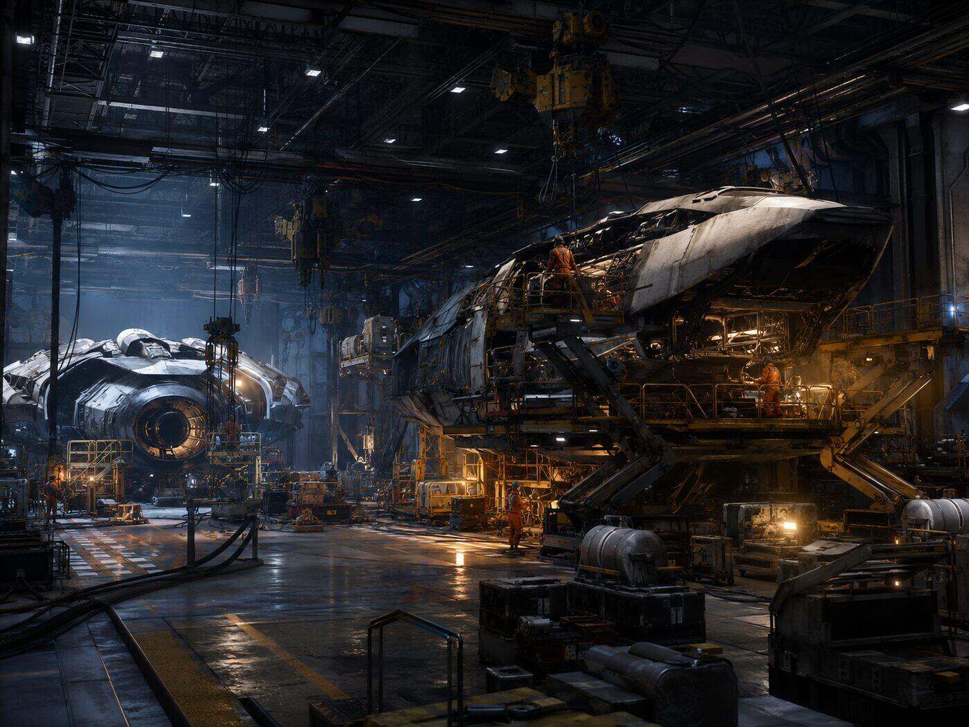 An open hangar bay with two ships under maintenance and engineers working on scaffolds