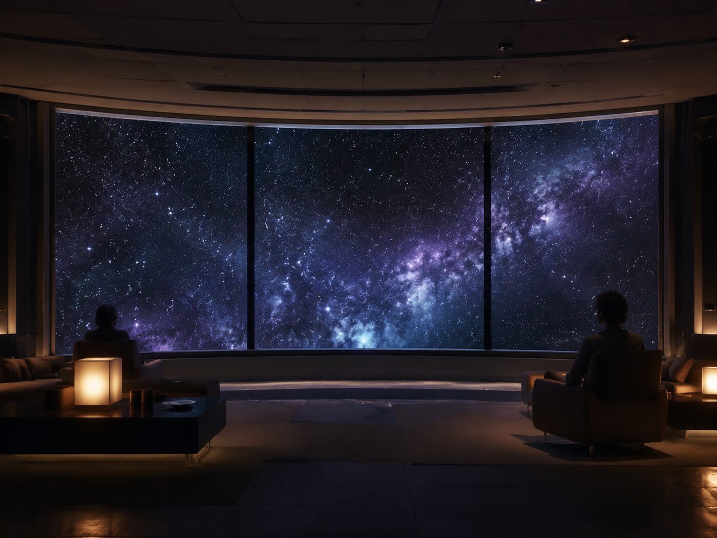A quiet observation lounge with low seating facing a floor-to-ceiling window onto deep space