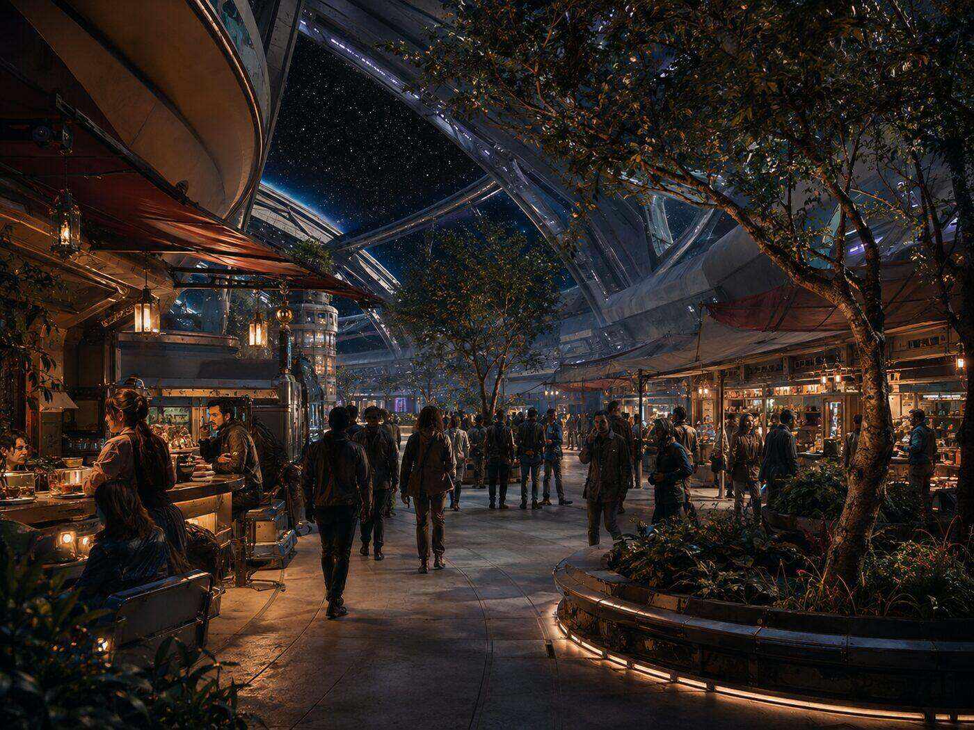 A busy station promenade with market stalls, planters and a curved starfield window overhead