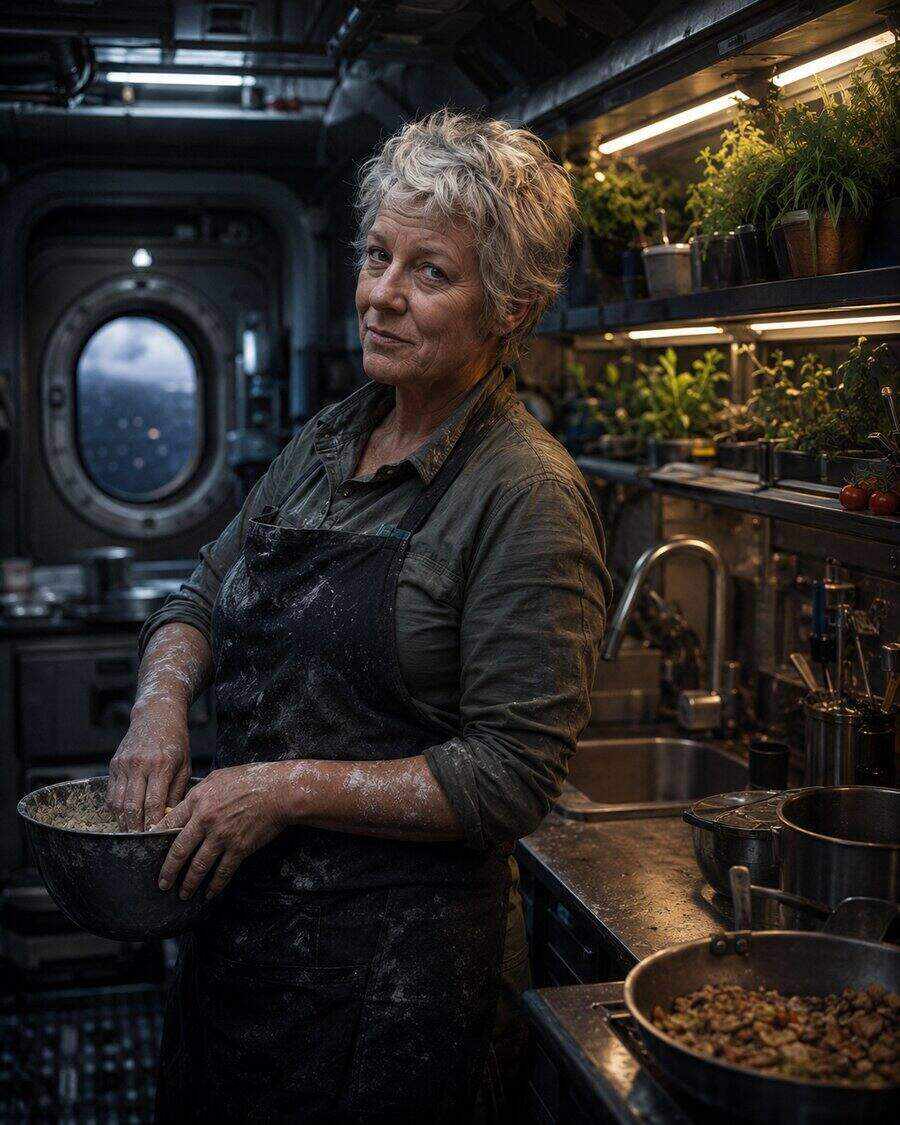 Portrait of quartermaster Bea Kowalczyk in a shipboard galley with fresh produce