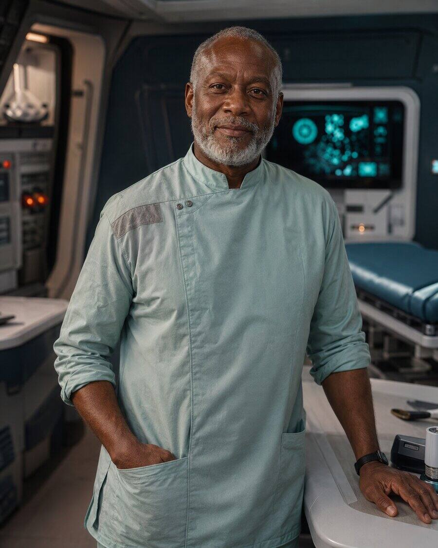 Portrait of flight surgeon Elias Trahan in a compact shipboard medical bay