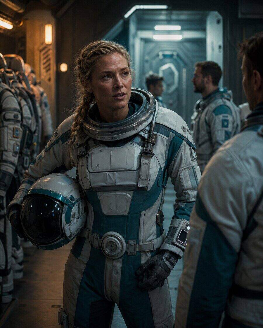Portrait of excursion lead Nadia Petrov in a pressure suit with helmet under one arm