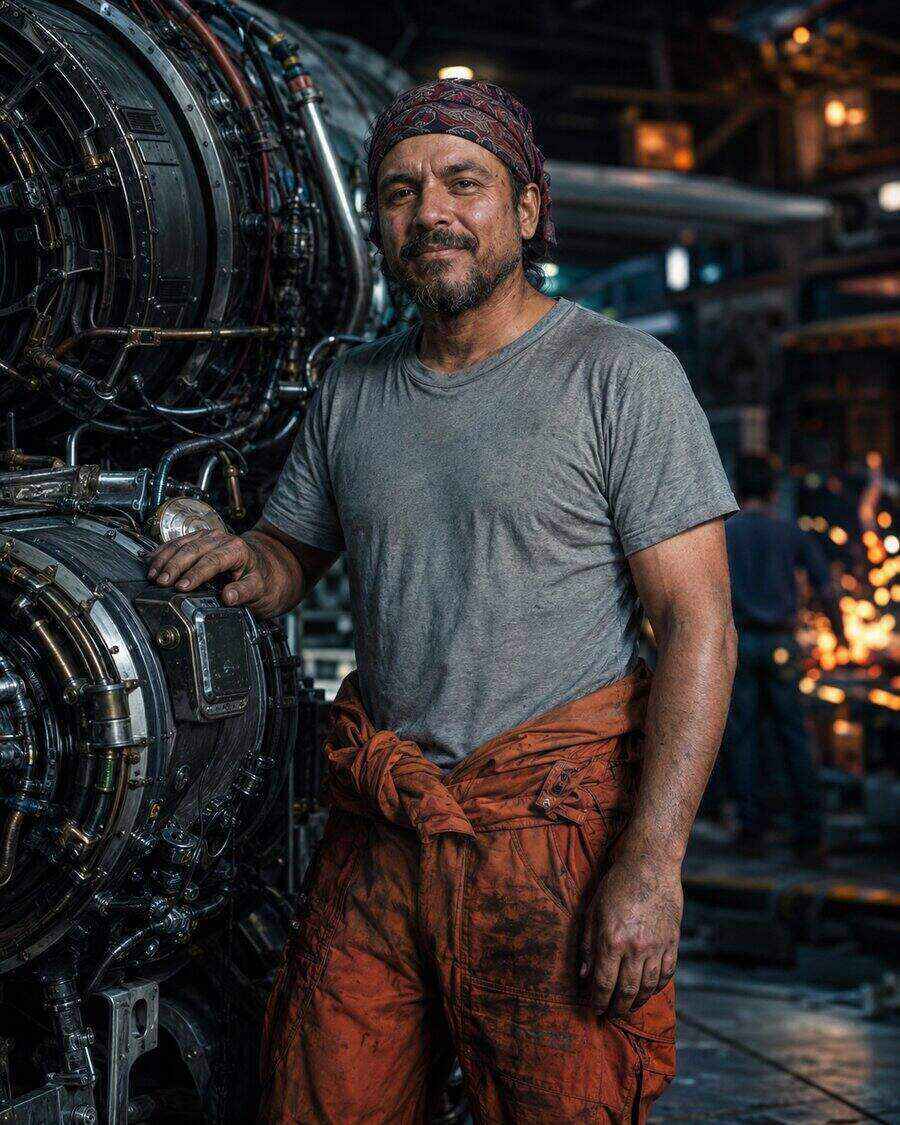 Portrait of chief engineer Rafael Okonkwo in a hangar bay beside an open engine housing