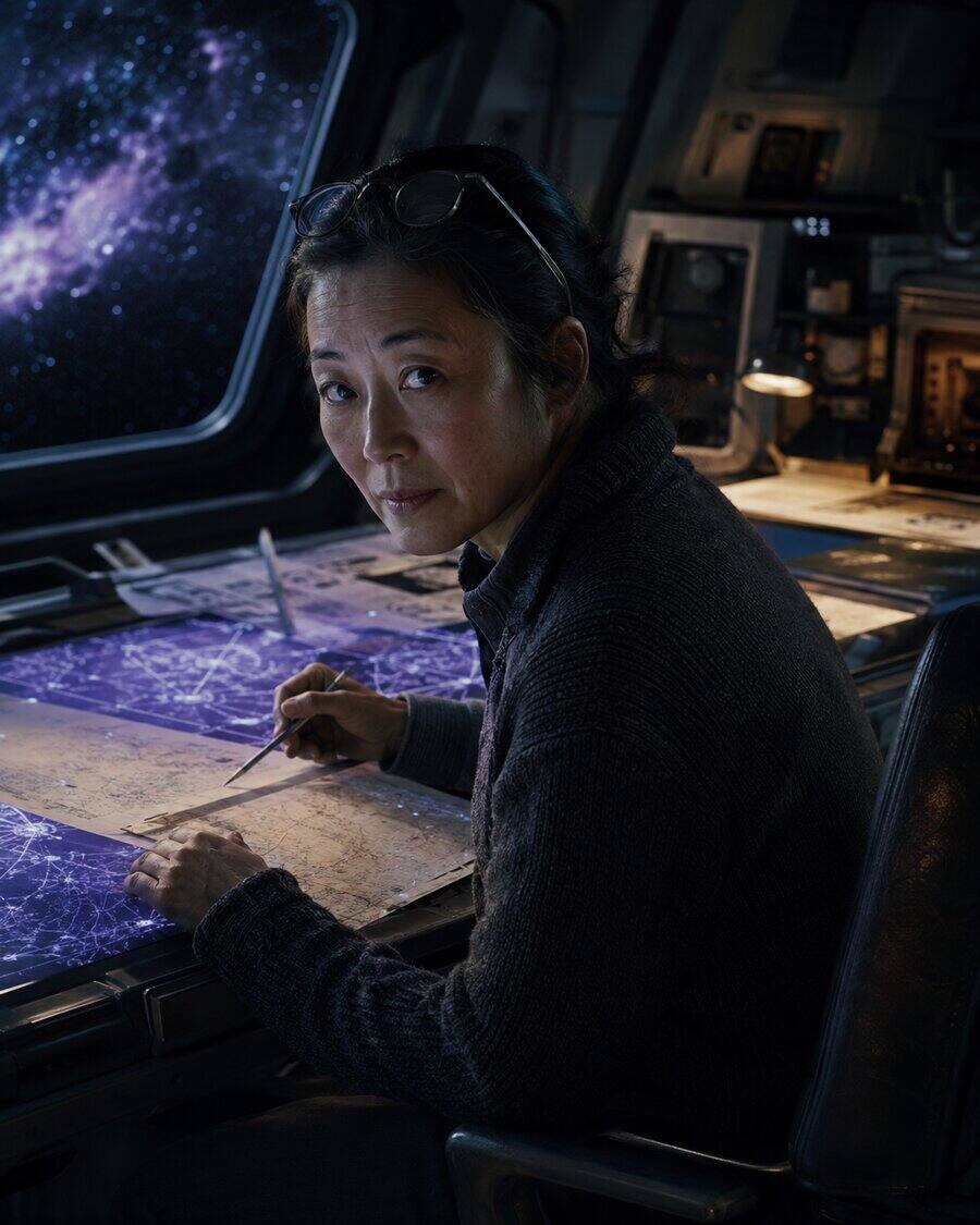 Portrait of Chief Navigator Yuki Sorensen studying a projected star chart