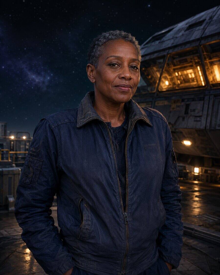 Portrait of Captain Zora Mbeki in a flight jacket on a lit flight deck