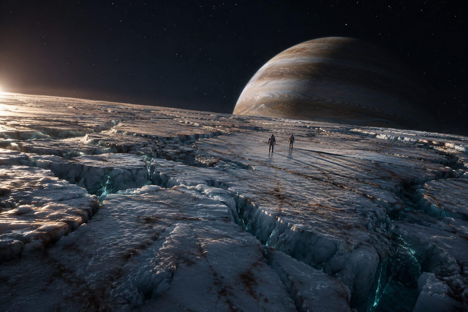 Ice-crusted plains of Europa under a low sun, with Jupiter filling the horizon