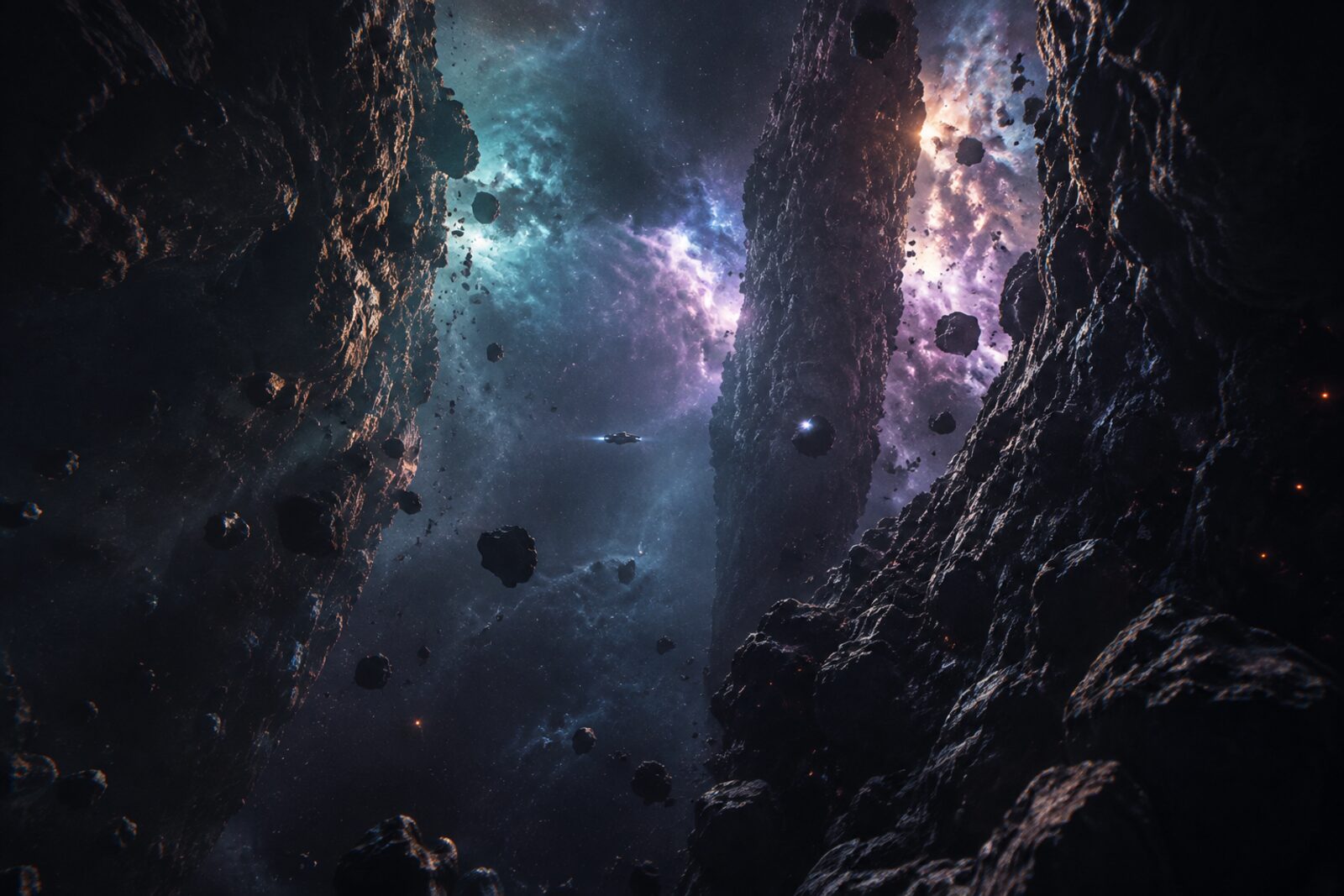 A narrow shipping lane threading between glowing dust clouds and dark stellar debris