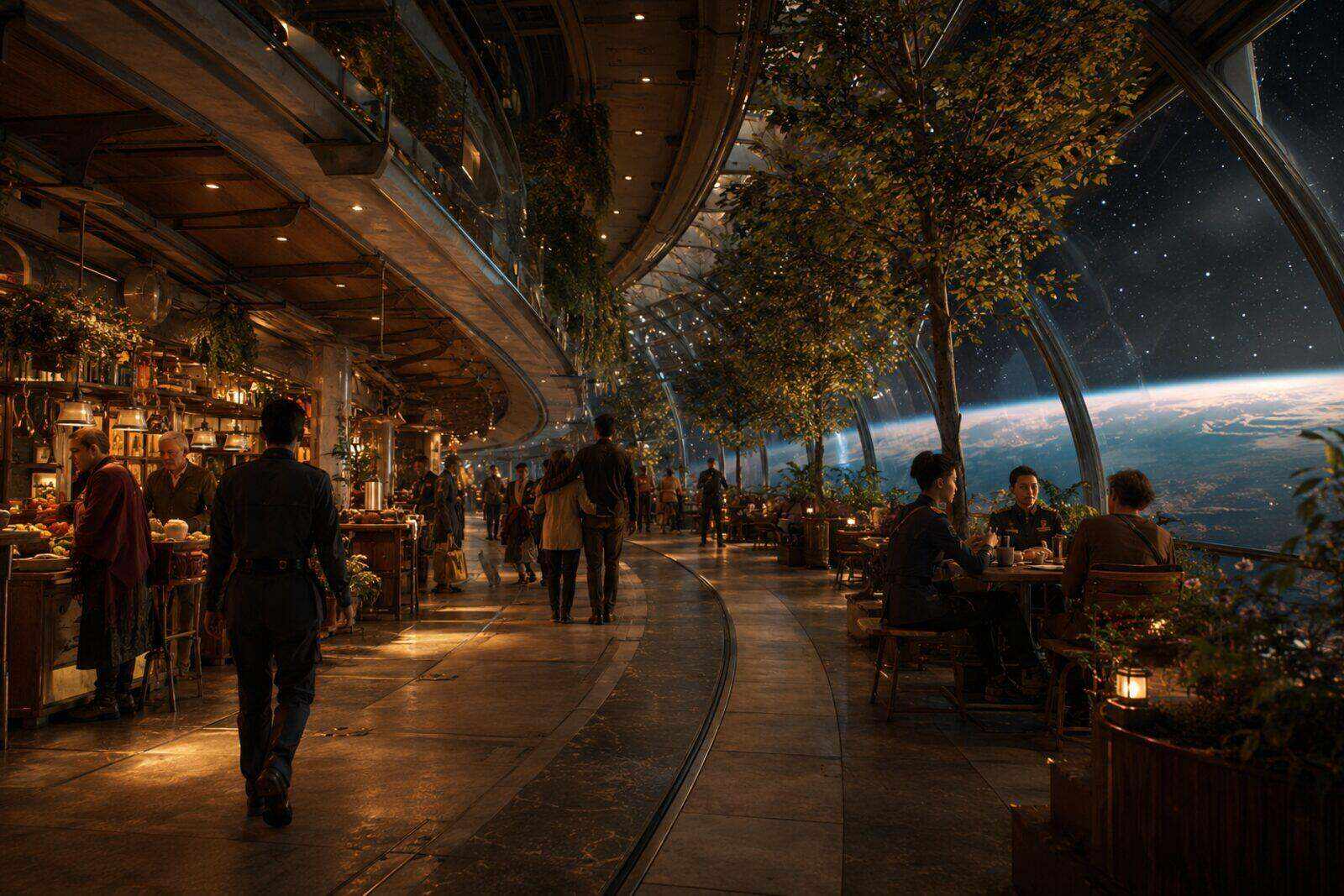 A ring-shaped orbital station promenade with shops, greenery and a wraparound starfield window