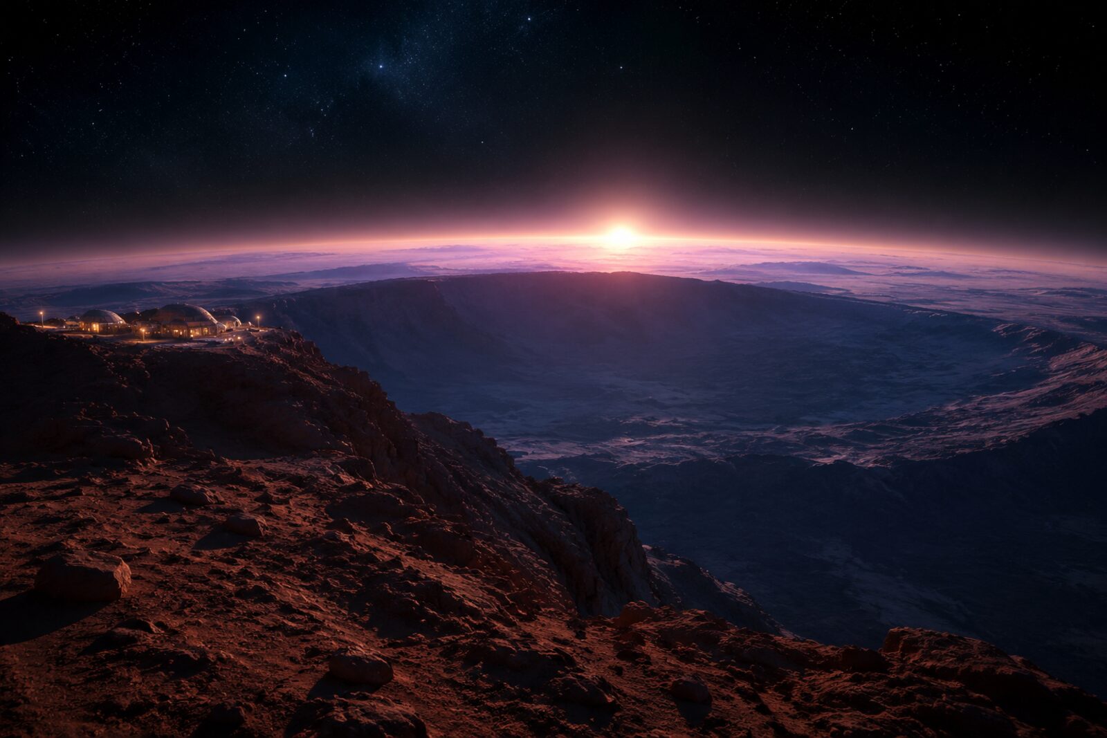 Sunrise over the caldera rim of Olympus Mons with the Martian curve below