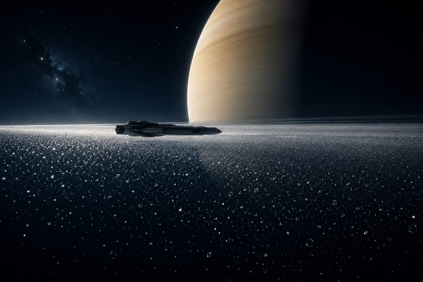 A small ship drifting edge-on through Saturn's rings, ice particles catching the light