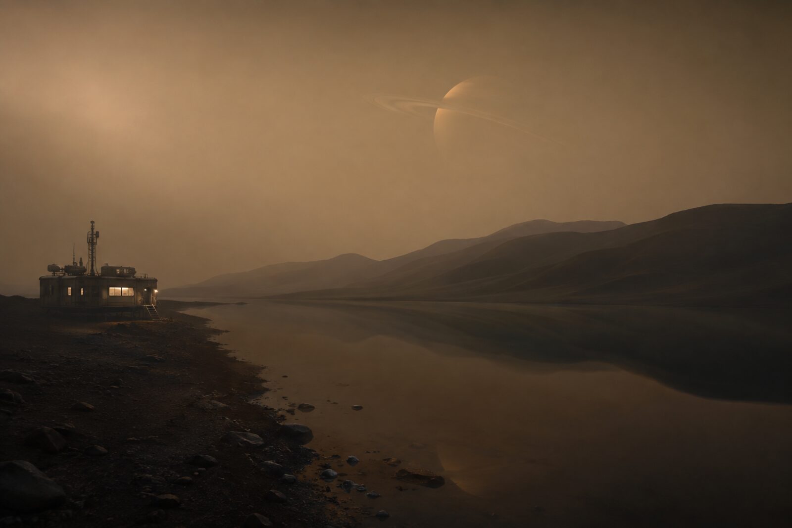 Glassy methane lakes on Titan beneath a thick amber haze