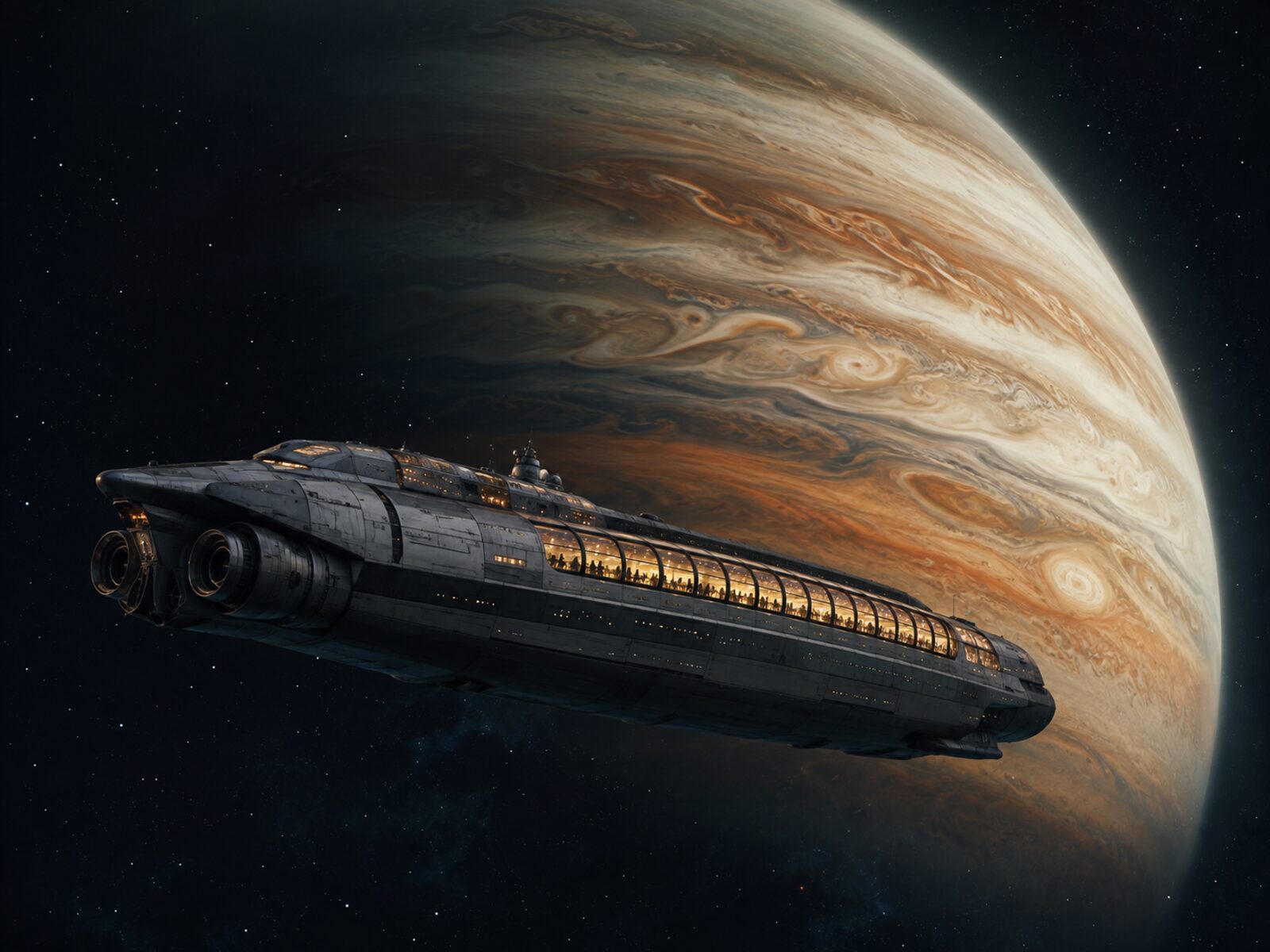 A long-hull passenger ship coasting past a banded gas giant, observation windows lit from within