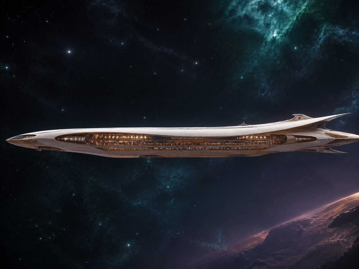 A long luxury liner with a full-length glass observation spine, lit warmly against deep space