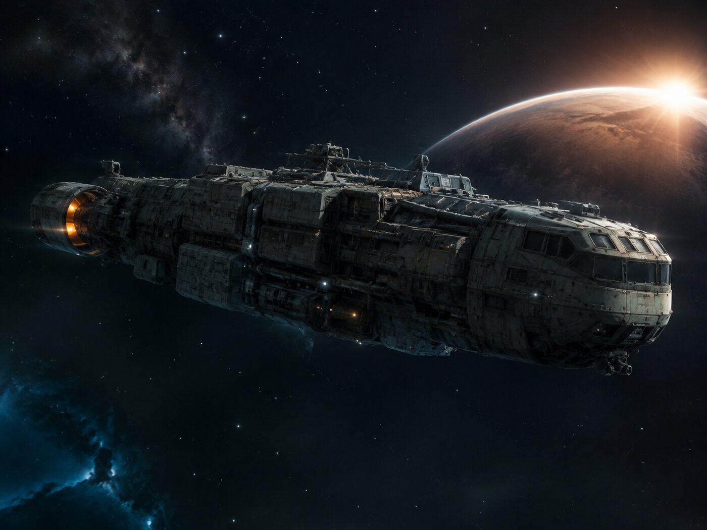 A rugged mid-bulk transport with visible cargo clamps and a worn hull, engine glowing amber