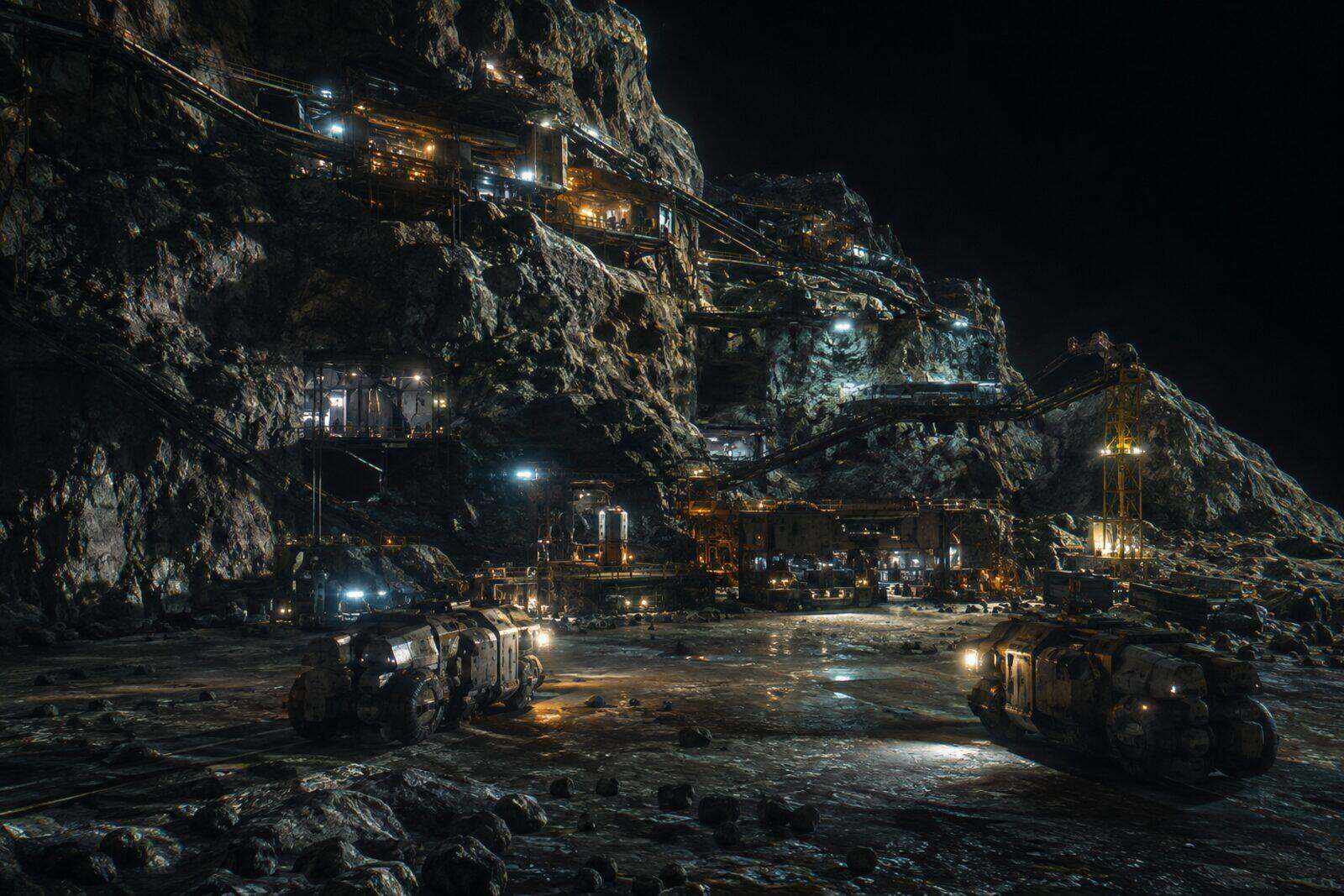 A working mining outpost carved into an asteroid with docked tugs and floodlit rock