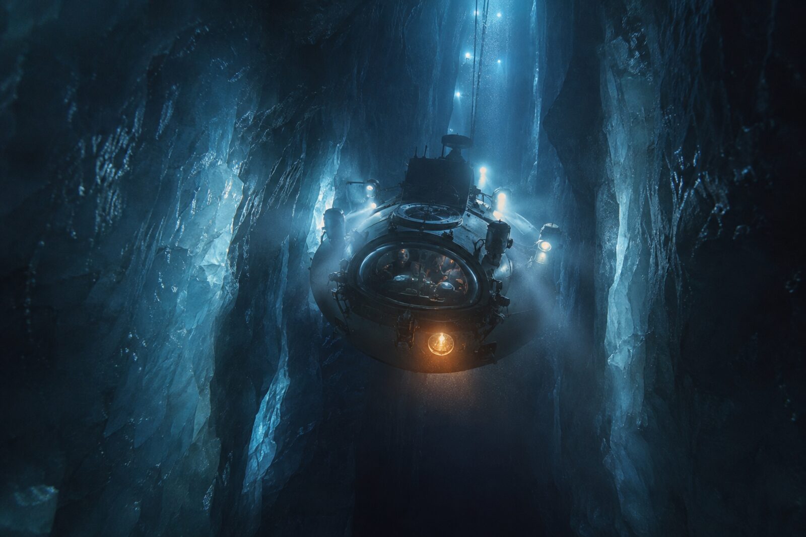 A lit submersible descending through a shaft in Europa's ice into dark water below