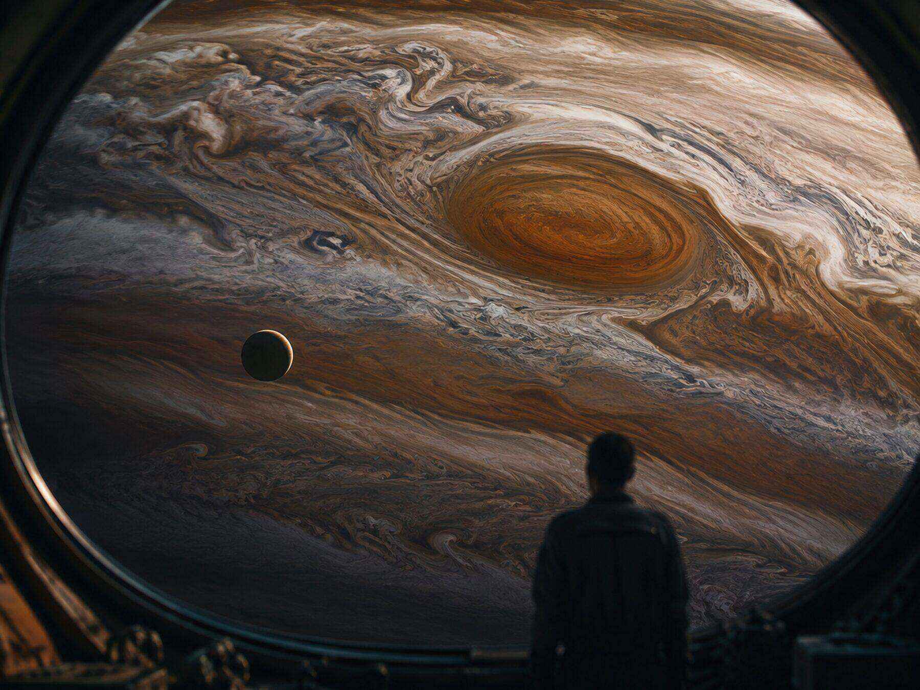 Jupiter's banded cloud tops filling a ship's observation window with a moon crossing the terminator