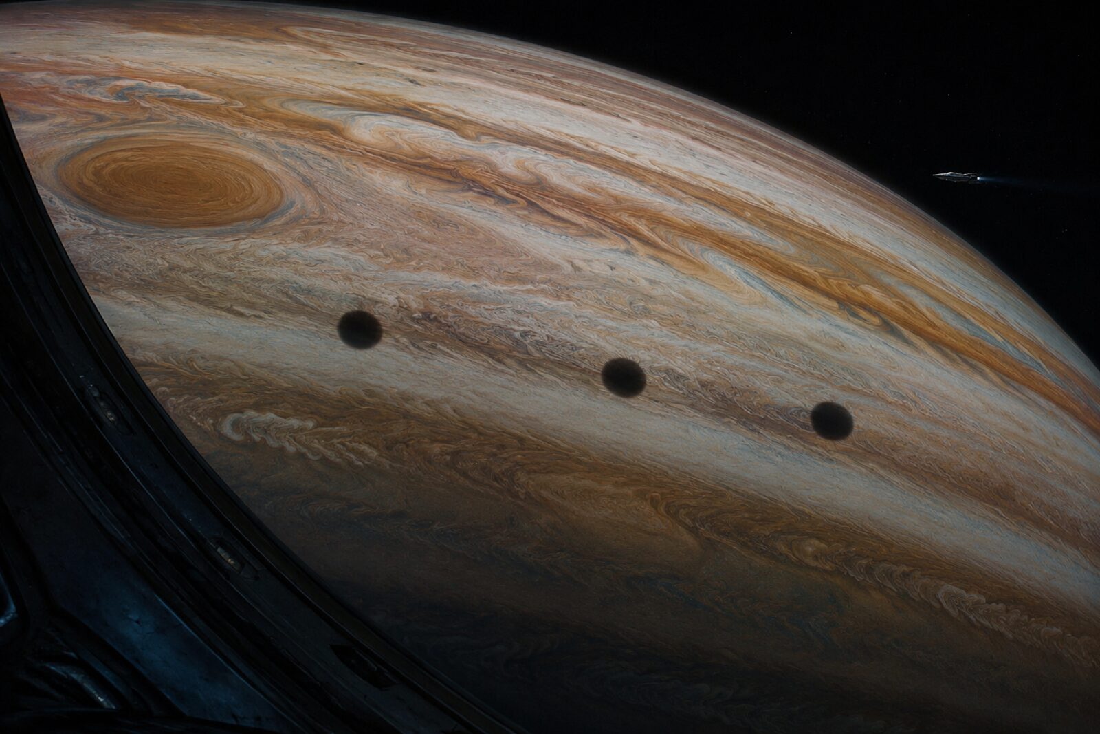 The circular shadow of a moon crossing Jupiter's cloud bands during an eclipse transit