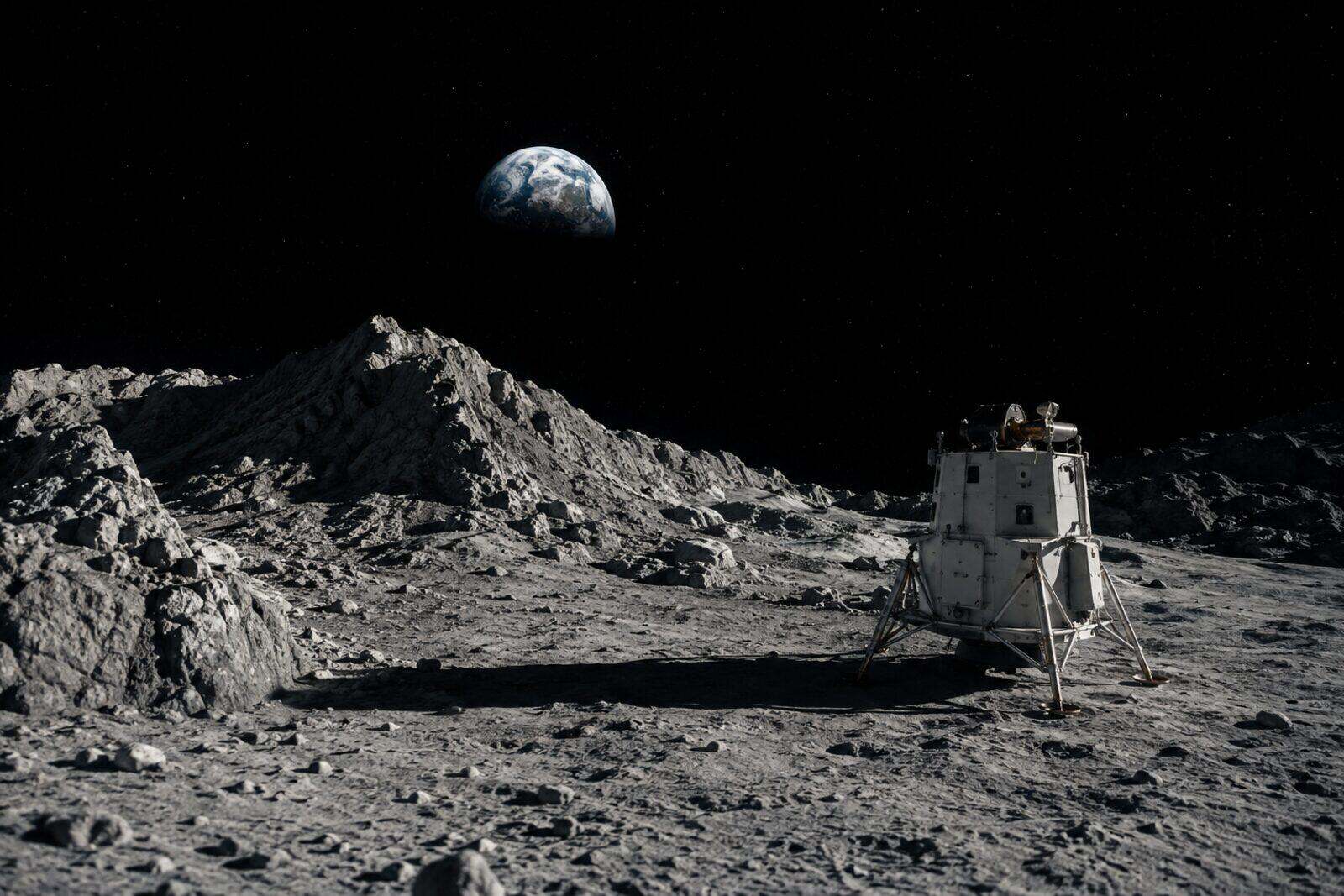 Earthrise over a grey lunar ridge with a small landing craft in the foreground