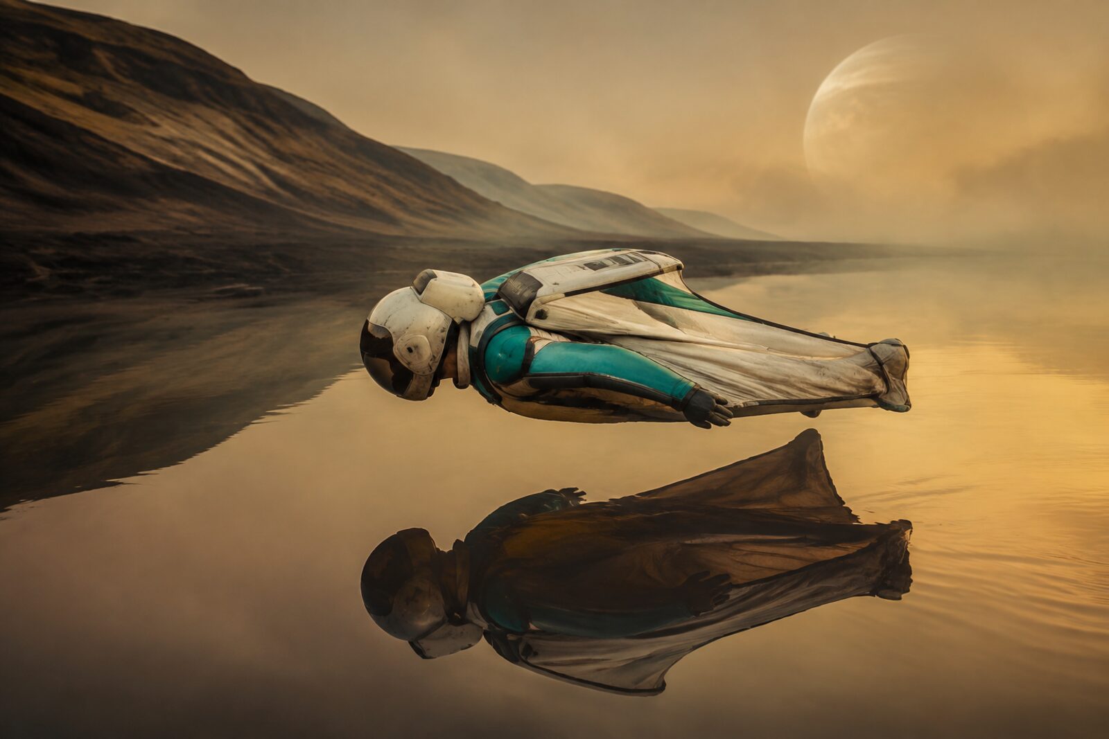 A wingsuited figure gliding low over a still methane lake under Titan's amber haze